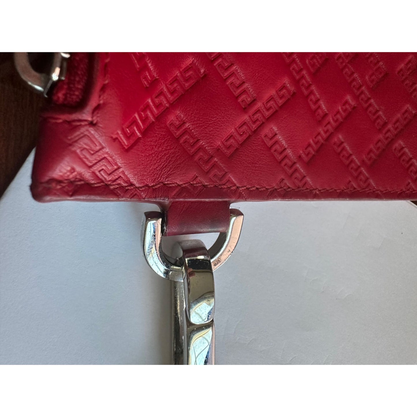 Versace Large Red Logo Print Leather Wristlet Clutch