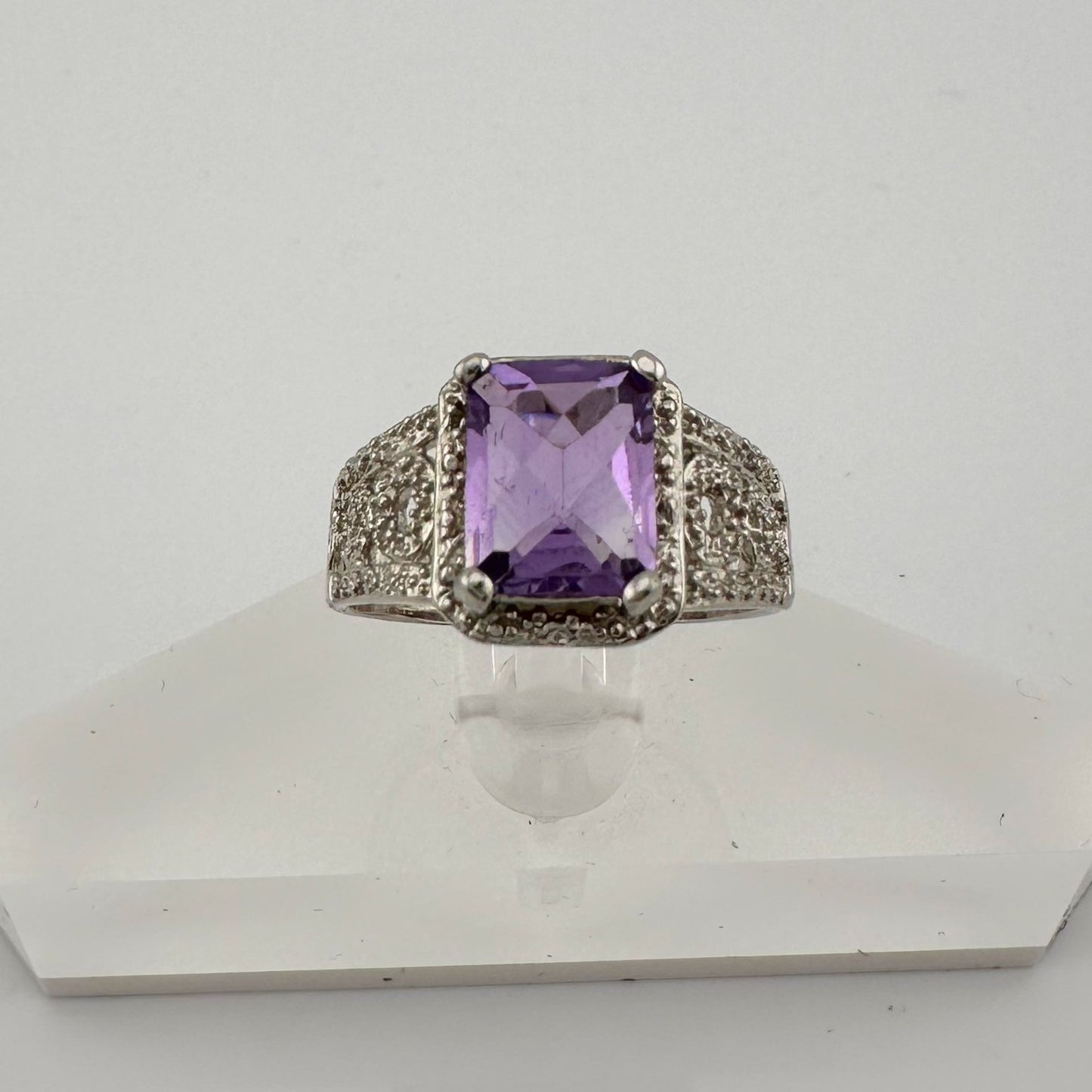 Beautiful Emerald Cut 2.25 Carat Amethyst Ring - Sterling w Diamond Accent Size 8