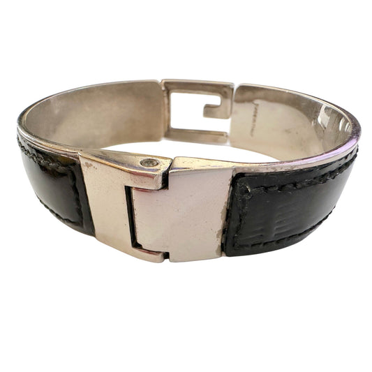 Gucci Black Leather Metal Hinged Bangle Bracelet