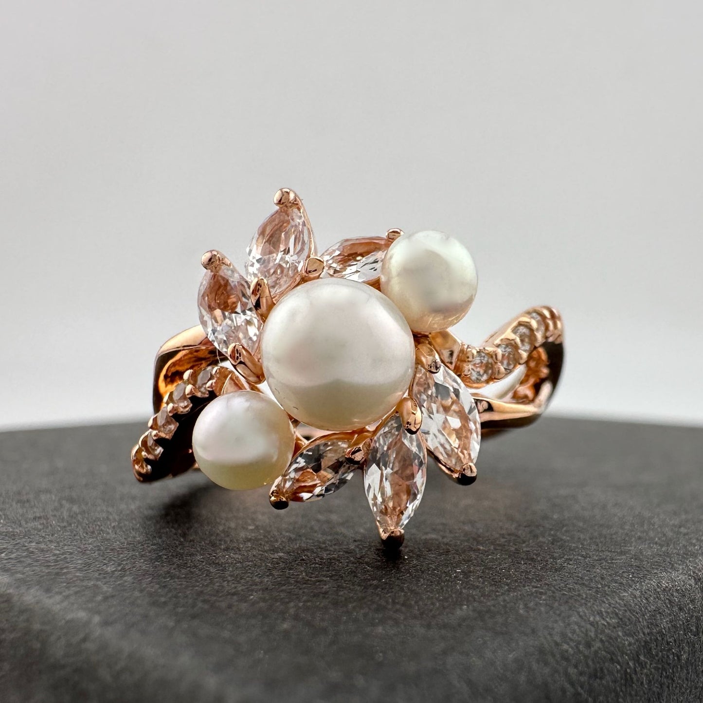 Beautiful Pearl and White Gemstone Cocktail Ring 14kt Gold Overlay Sterling Silver Size 8.25