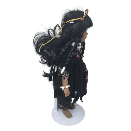 Native American/Indian Collectible Doll Black Braided Hair & Black Patterned Dress