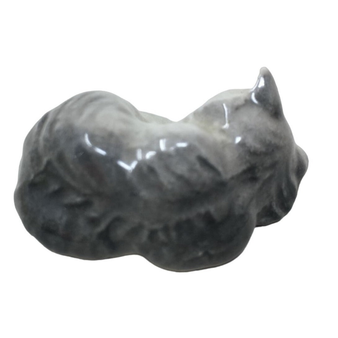 Small Miniature Gray and White Cat/Kitten Curled Up and Sleeping Figurine