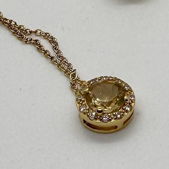 Bright Round 2.00 Carat Golden Citrine Halo Necklace - 14kt Gold Overlay Sterling Silver with 18" Chain