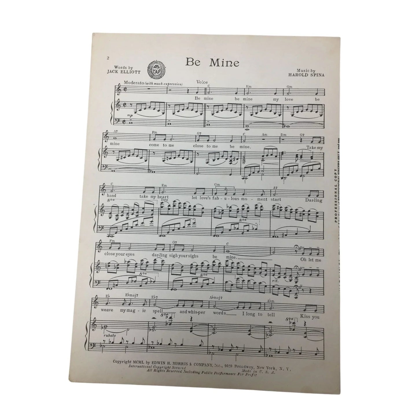''Be Mine'' by Jack Elliott and Harold Spina Vintage 1950 Sheet Music - Edwin H Morris and Company inc - Sheet Music - A+ Stuff