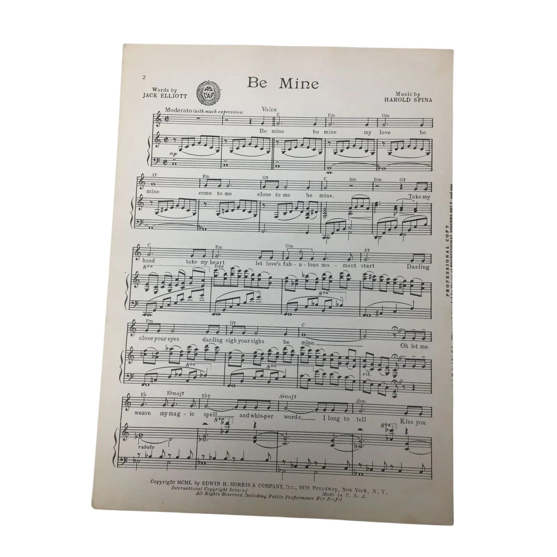 ''Be Mine'' by Jack Elliott and Harold Spina Vintage 1950 Sheet Music - Edwin H Morris and Company inc - Sheet Music - A+ Stuff