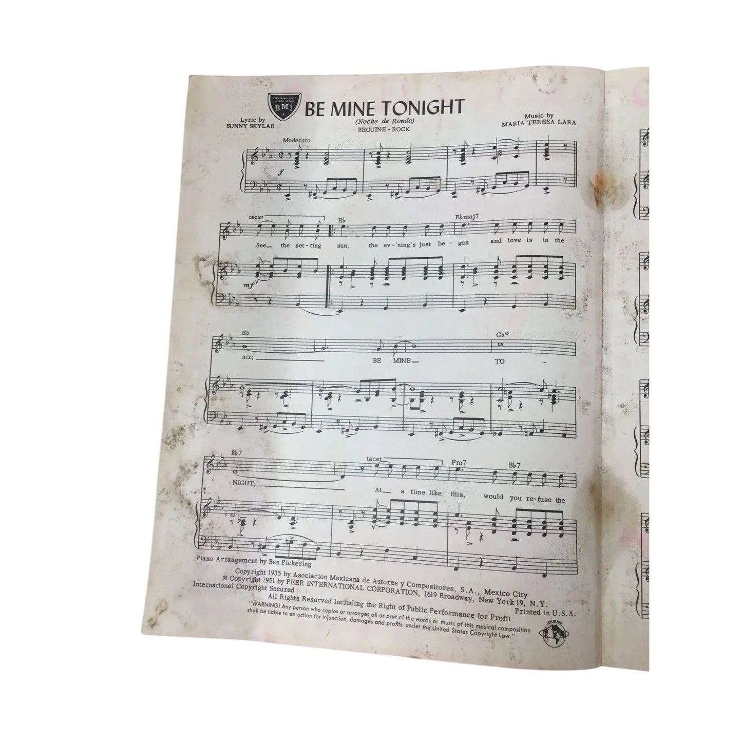 ''BE MINE TONIGHT'' SHEET MUSIC - A+ Stuff - SHEET MUSIC - A+ Stuff