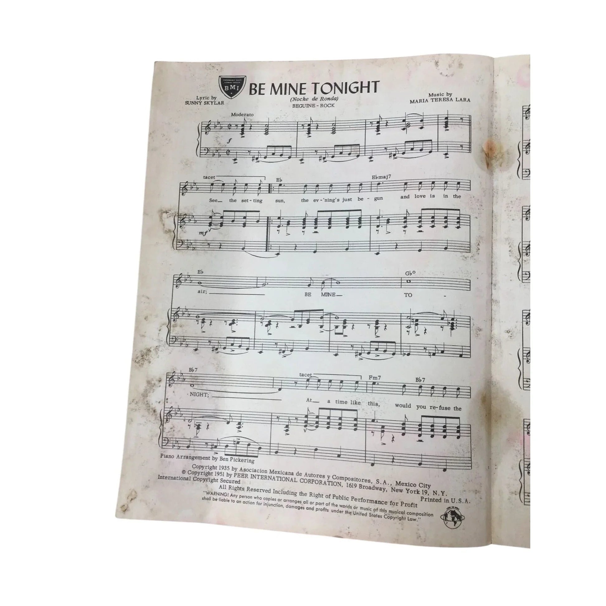 ''BE MINE TONIGHT'' SHEET MUSIC - A+ Stuff - SHEET MUSIC - A+ Stuff