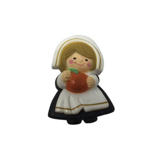 Vintage Hallmark Holiday Thanksgiving Pilgrim Girl Holding Pumpkin Brooch/Pin (2'' x 1'')