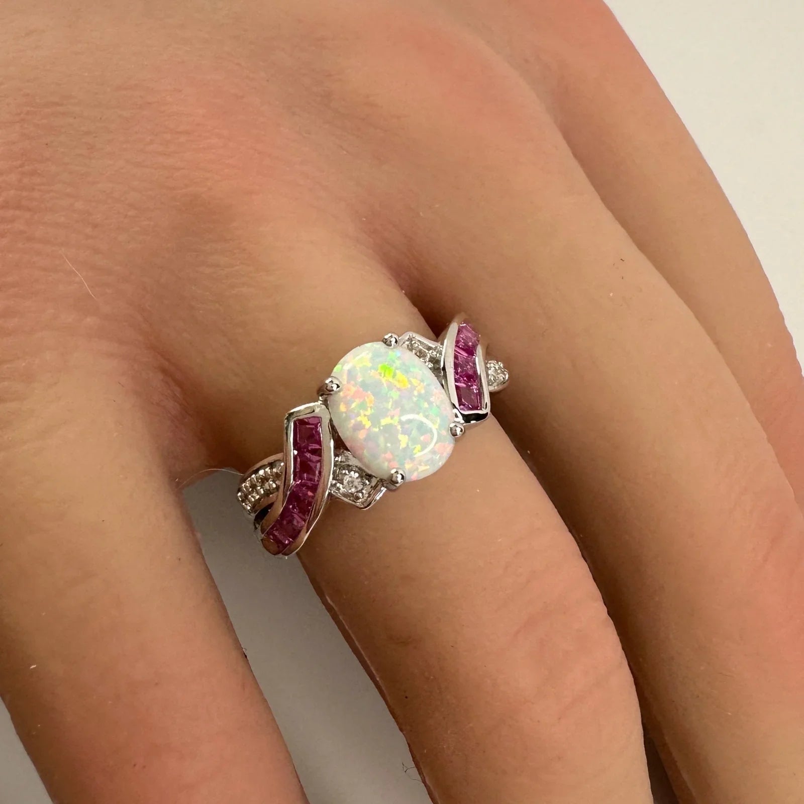 Beautiful Lab Created Opal & Sapphire Ring - Size 7 - Sun - A+ Stuff