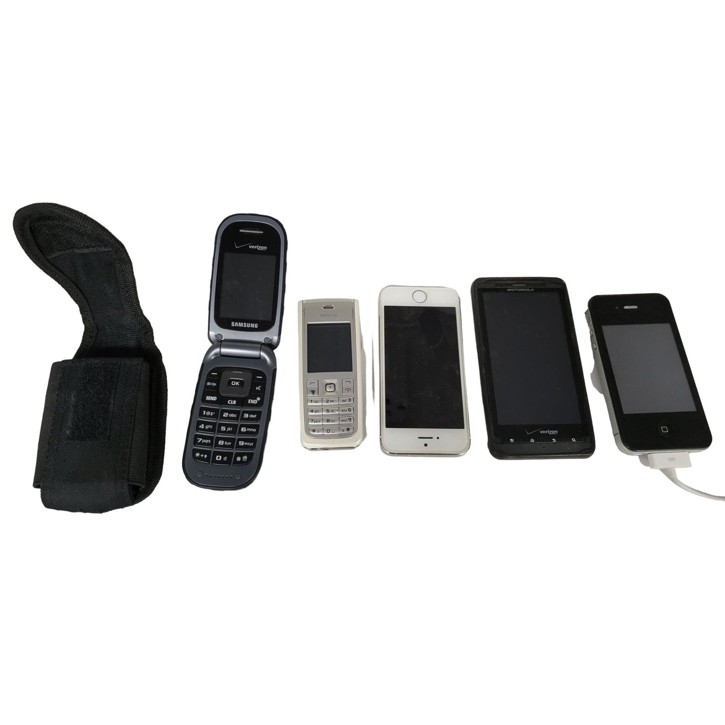 Five Phones and 1 Phone holder- 1 Samsung Flip phone from Verizon, 1 NOKIA phone, 1 Motorola Phone, 2 iPhones