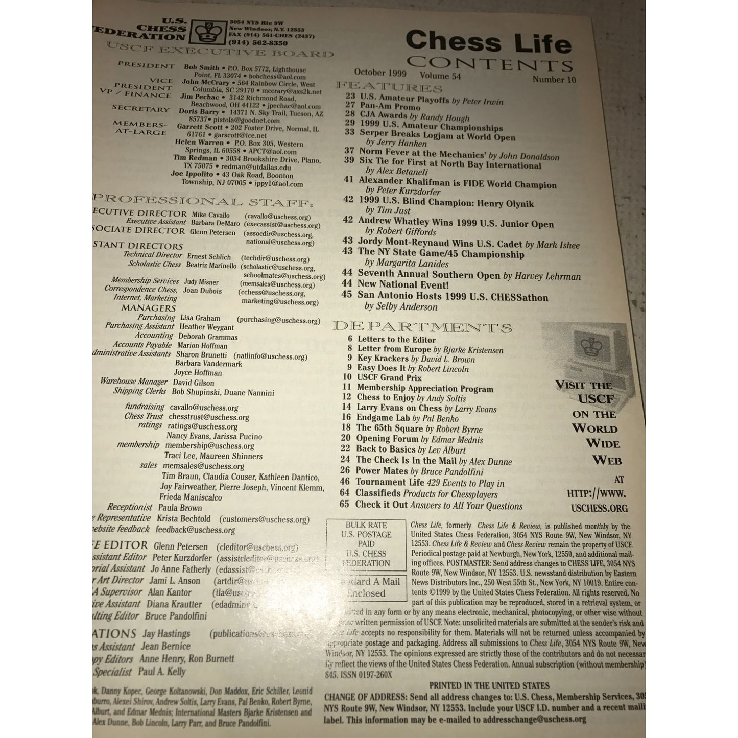 Vintage Bundle of 4 Chess Life Magazines- Jan, Aug, Oct, Dec 1999