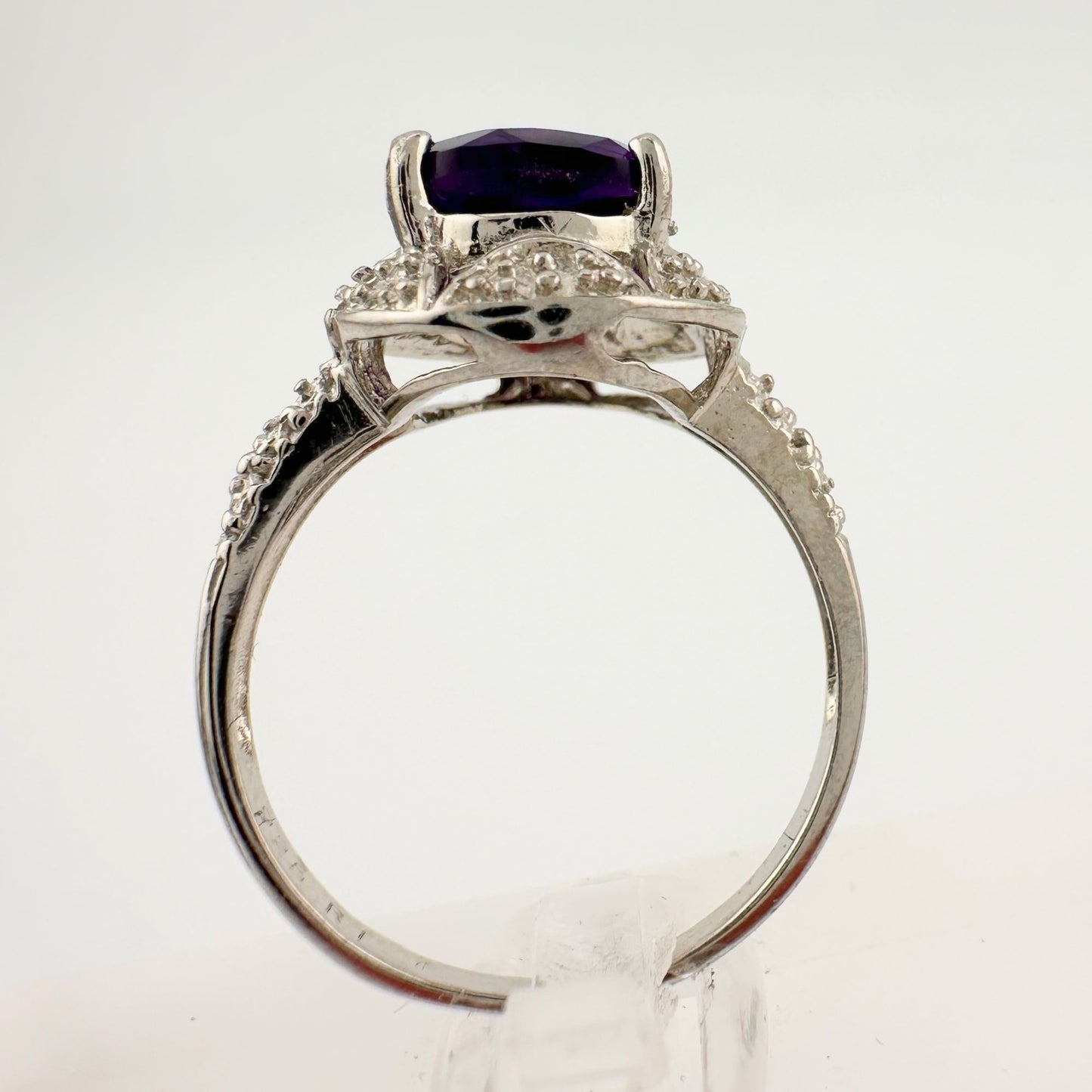 Beautiful Dark Purple Amethyst and Diamond Accent Ring - Sterling Silver Size 7.25