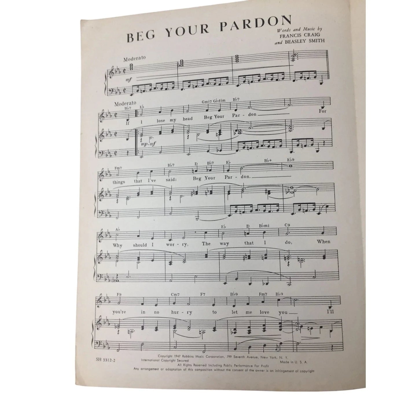 ''BEG YOUR PARDON'' by Francis Craig and Beasley Smith - A+ Stuff - SHEET MUSIC - A+ Stuff