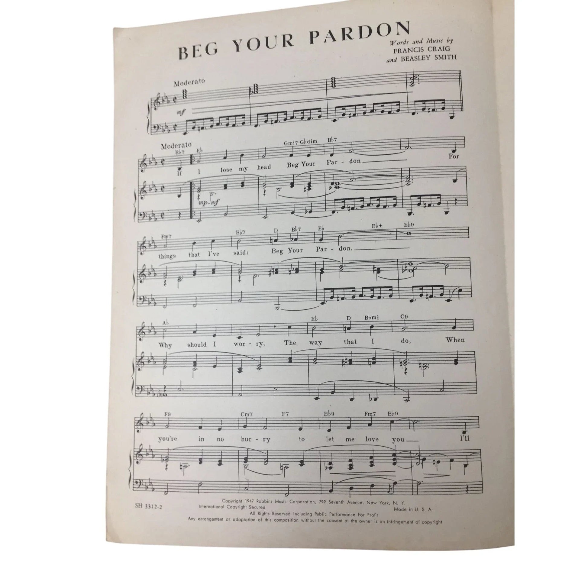 ''BEG YOUR PARDON'' by Francis Craig and Beasley Smith - A+ Stuff - SHEET MUSIC - A+ Stuff