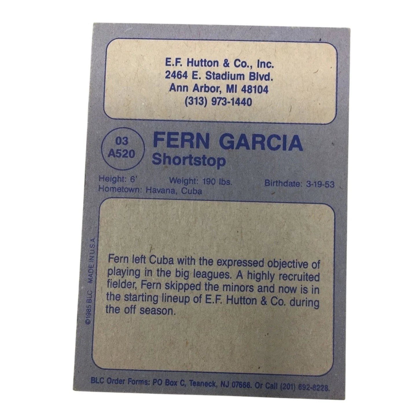 Big League Cards Fern Garcia Feb 1987 Collectible Vintage Baseball Card - A+ Stuff - Collectible Trading Cards - A+ Stuff