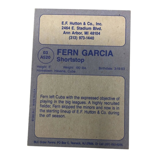 Big League Cards Fern Garcia Feb 1987 Collectible Vintage Baseball Card - A+ Stuff - Collectible Trading Cards - A+ Stuff