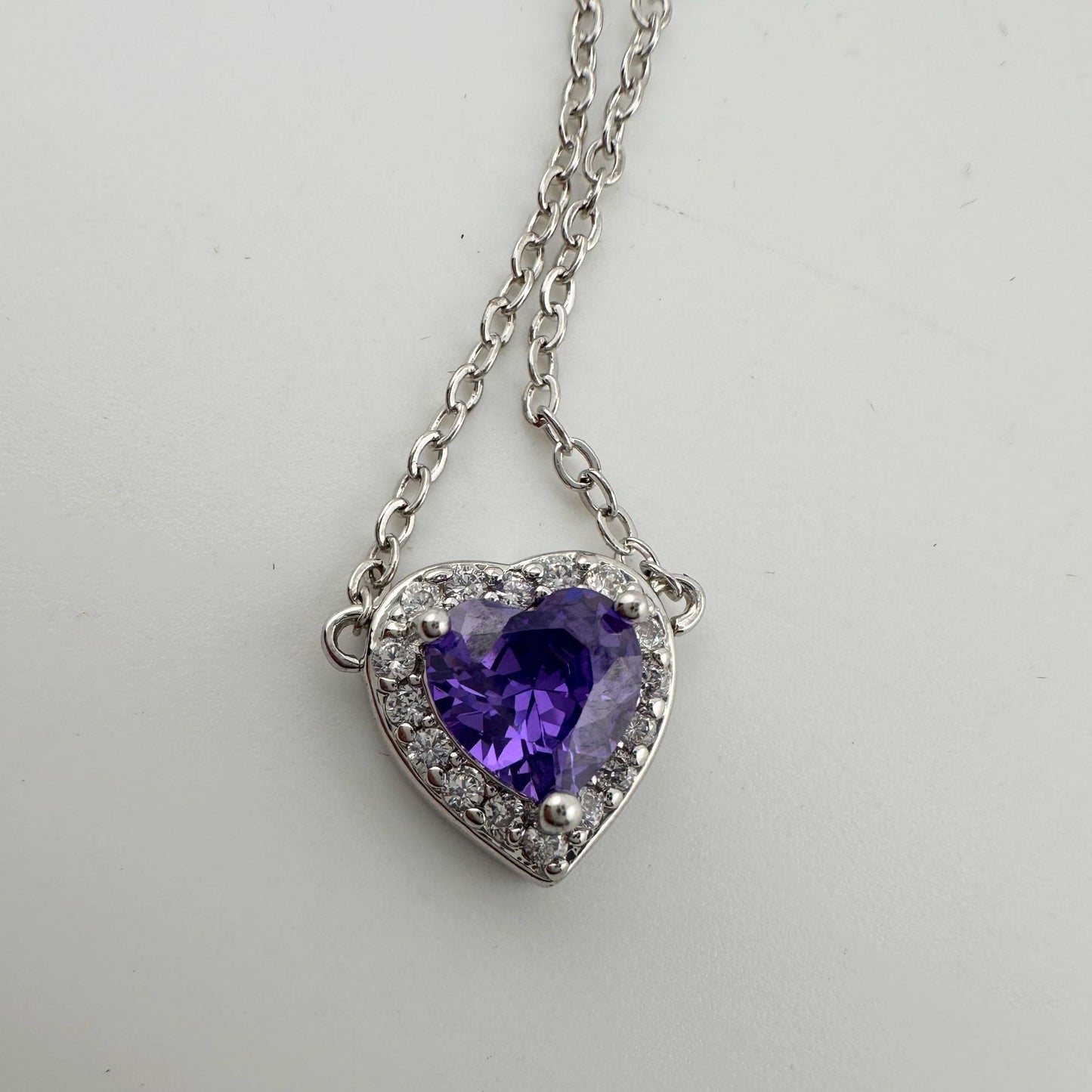 Amethyst and White Topaz Heart Shaped Halo Necklace