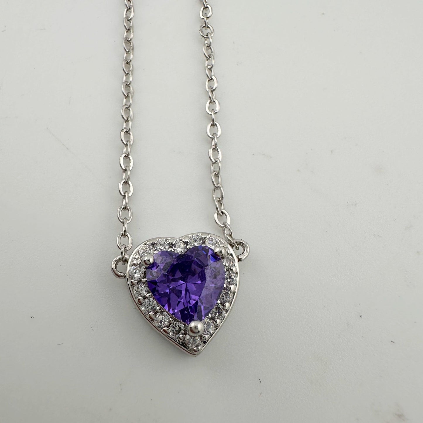 Amethyst and White Topaz Heart Shaped Halo Necklace