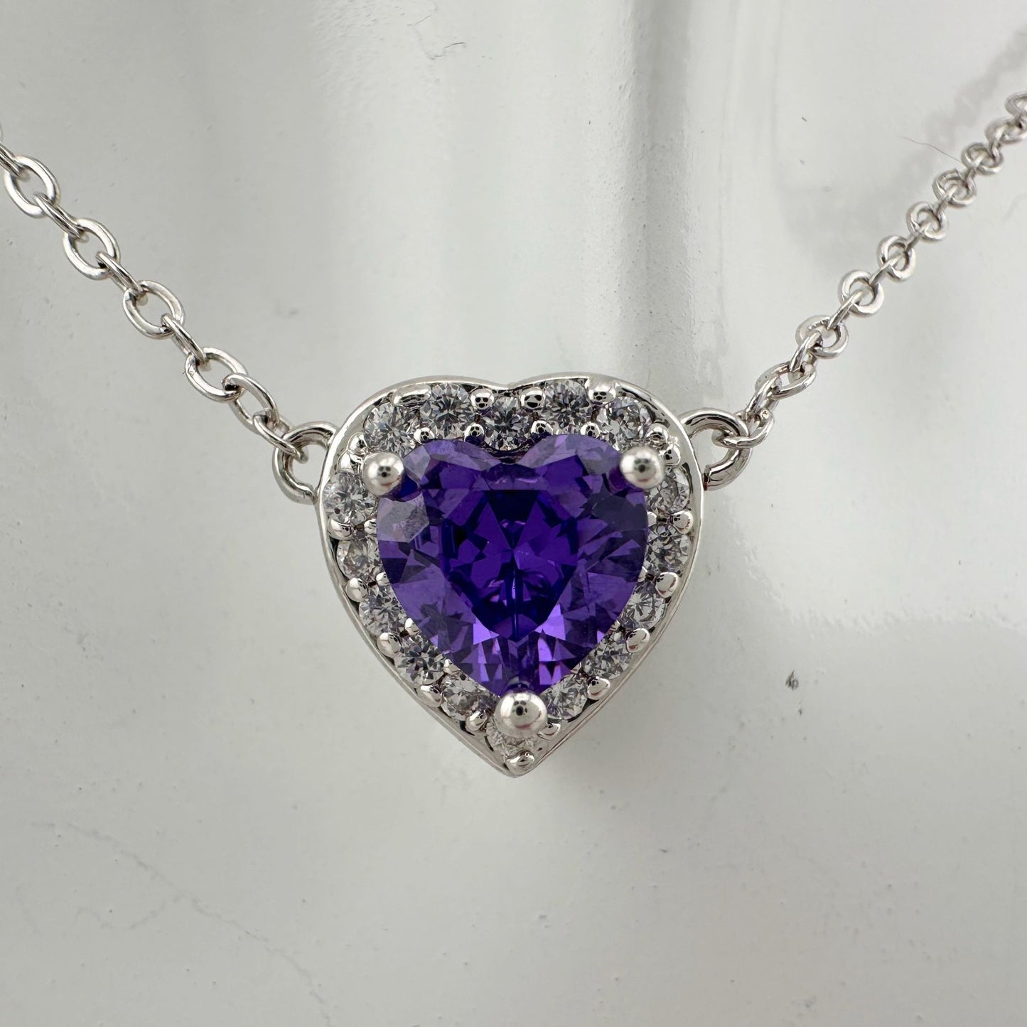 Amethyst and White Topaz Heart Shaped Halo Necklace