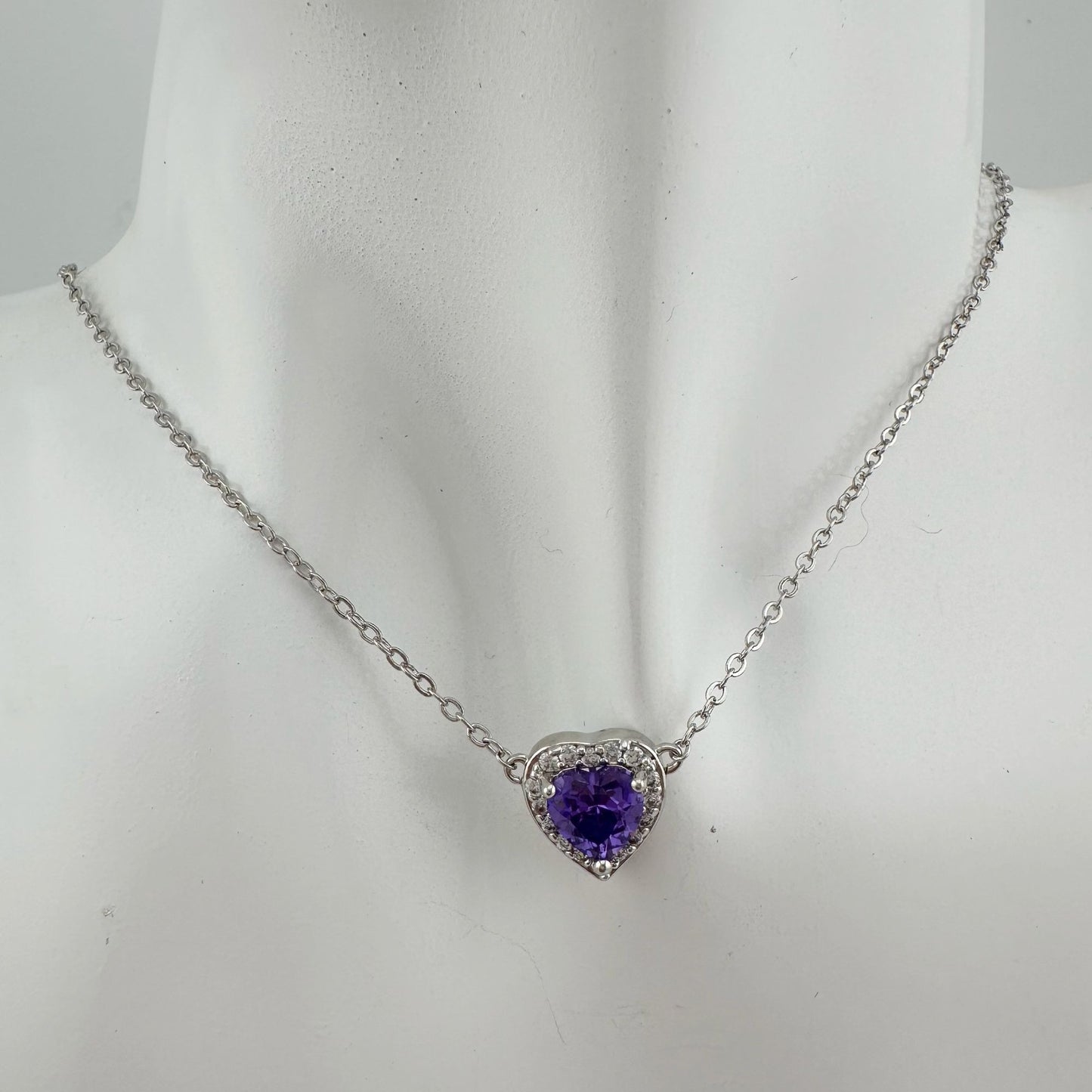 Amethyst and White Topaz Heart Shaped Halo Necklace