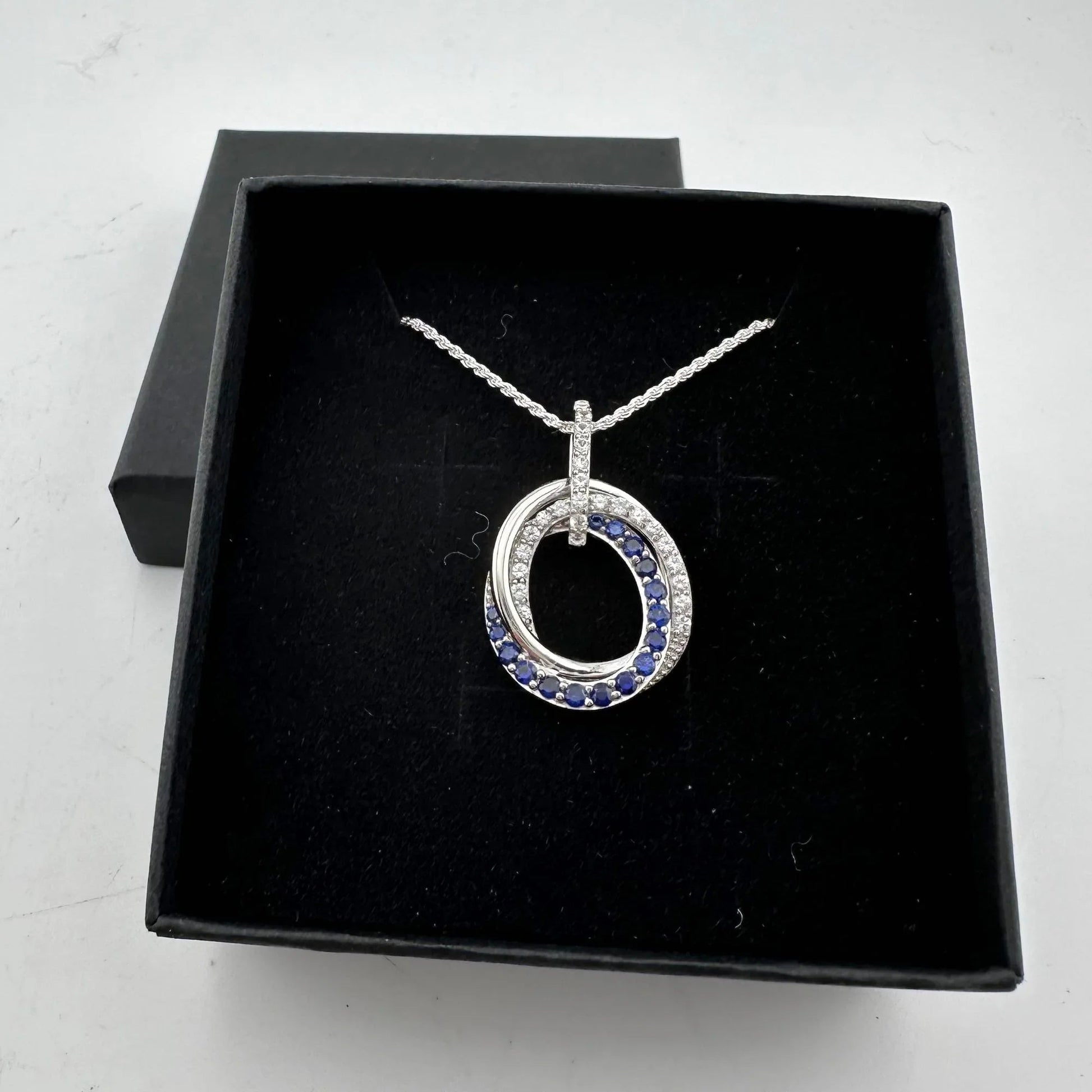 Blue and White Sapphire (Lab Created) Interlocking Loops Pendant with Necklace - A+ Stuff