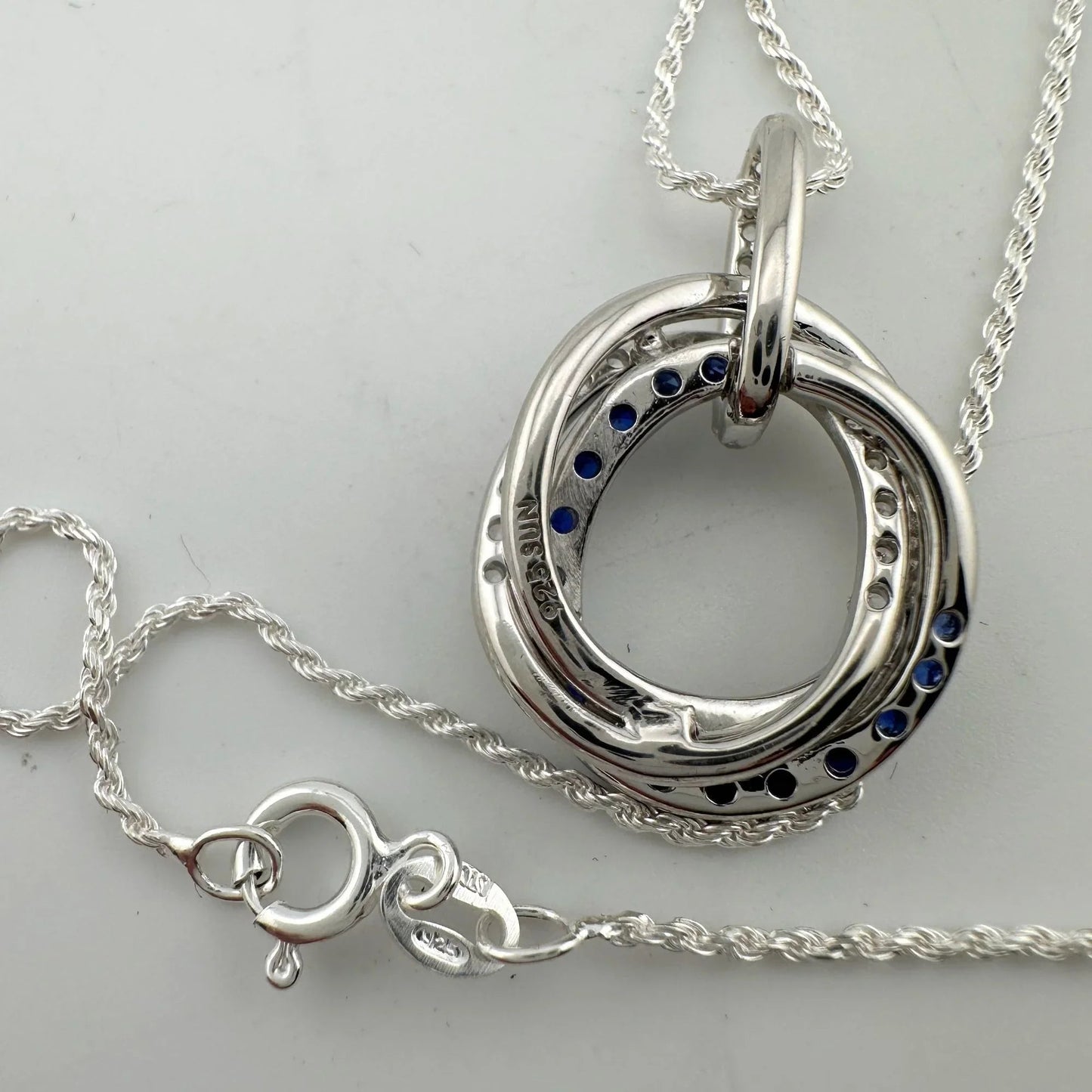 Blue and White Sapphire (Lab Created) Interlocking Loops Pendant with Necklace - A+ Stuff