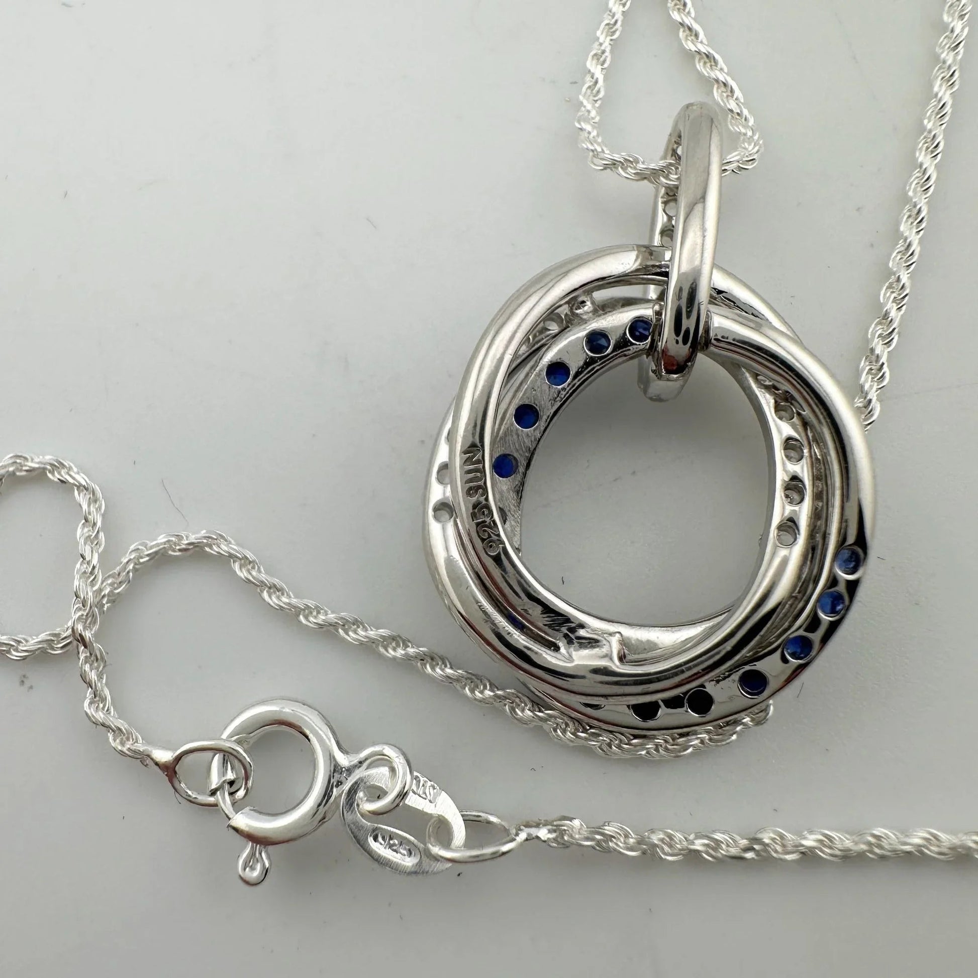 Blue and White Sapphire (Lab Created) Interlocking Loops Pendant with Necklace - A+ Stuff