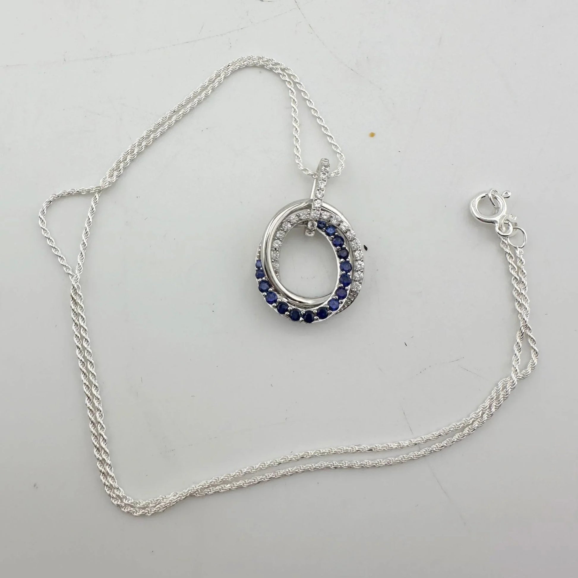 Blue and White Sapphire (Lab Created) Interlocking Loops Pendant with Necklace - A+ Stuff