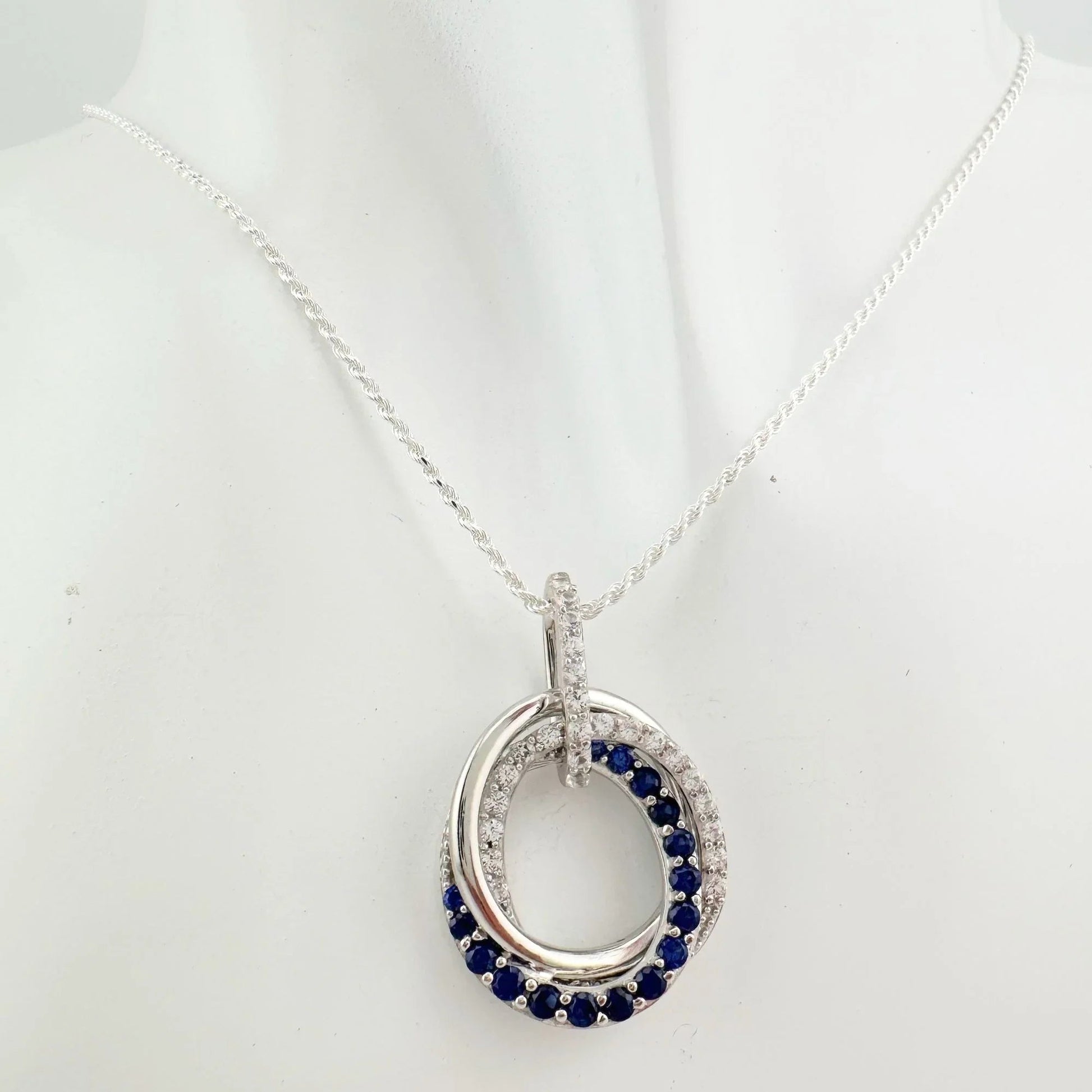 Blue and White Sapphire (Lab Created) Interlocking Loops Pendant with Necklace - A+ Stuff