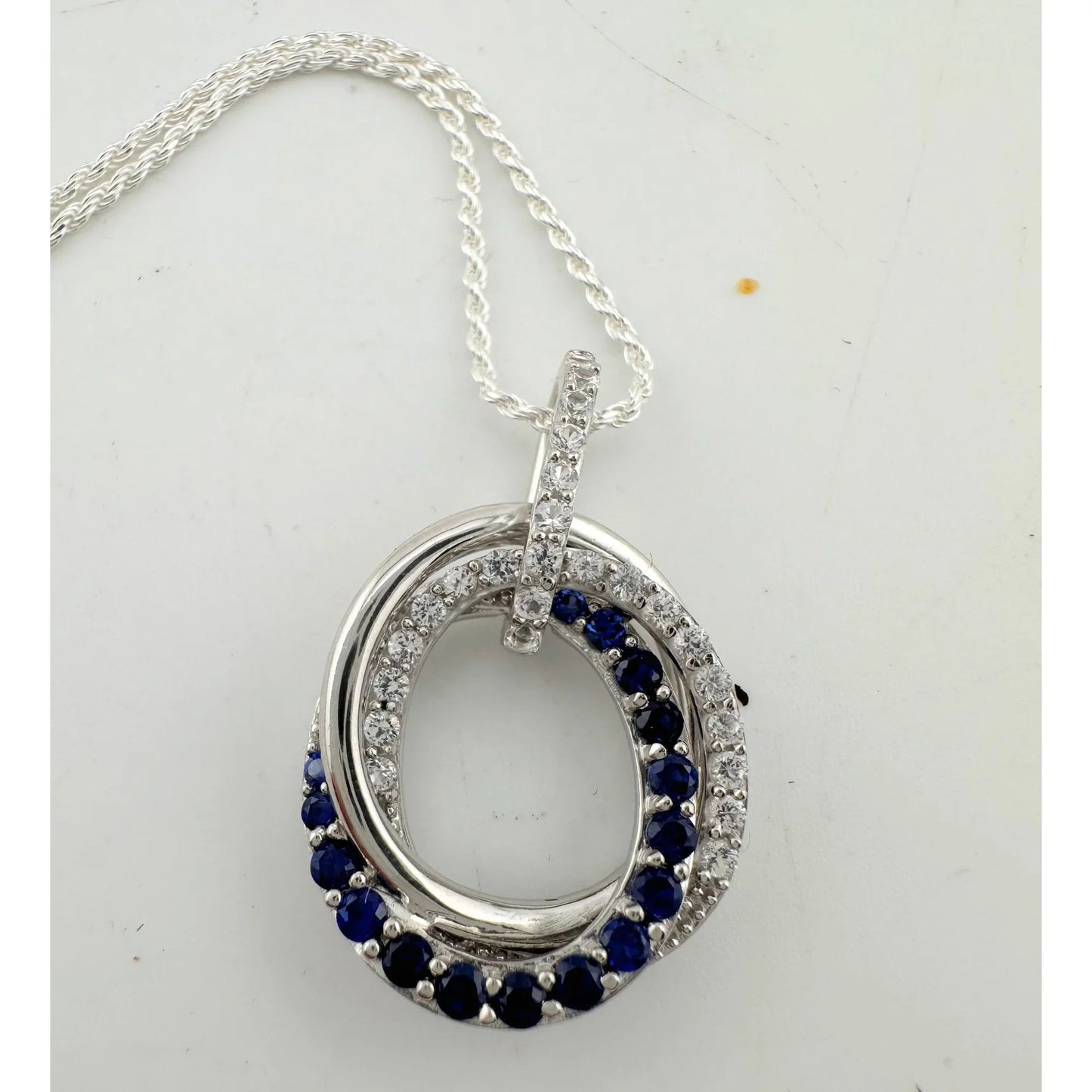 Blue and White Sapphire (Lab Created) Interlocking Loops Pendant with Necklace - A+ Stuff