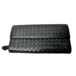Bottega Veneta Intrecciato Woven Black Leather Long Flap Wallet