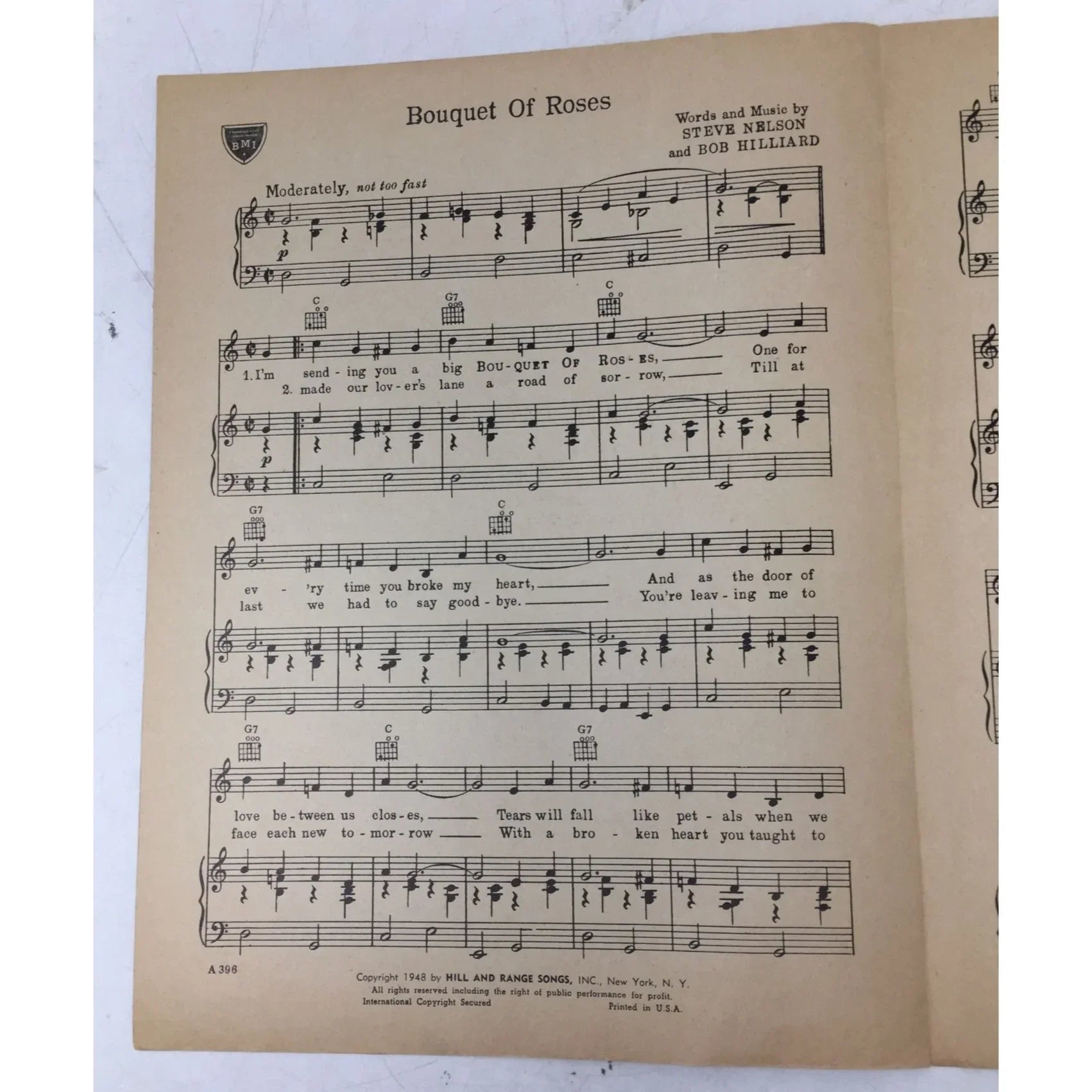 ''BOUQUET OF ROSES'' Vintage 1948 Sheet Music - A+ Stuff - sheet music - A+ Stuff