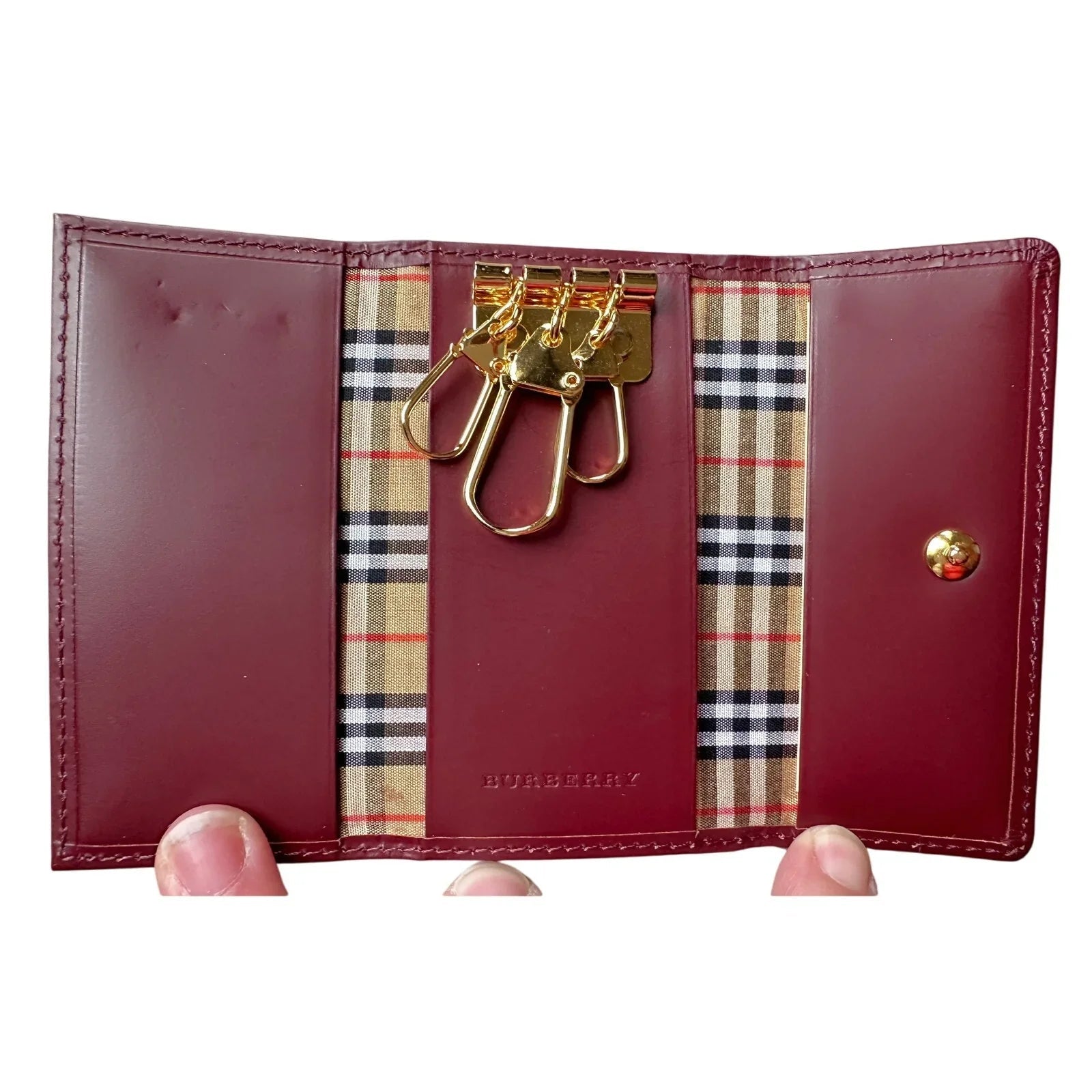 Burberry Burgundy Leather Key Holder with Nova Check Accents - Burberry - Keyholder - A+ Stuff