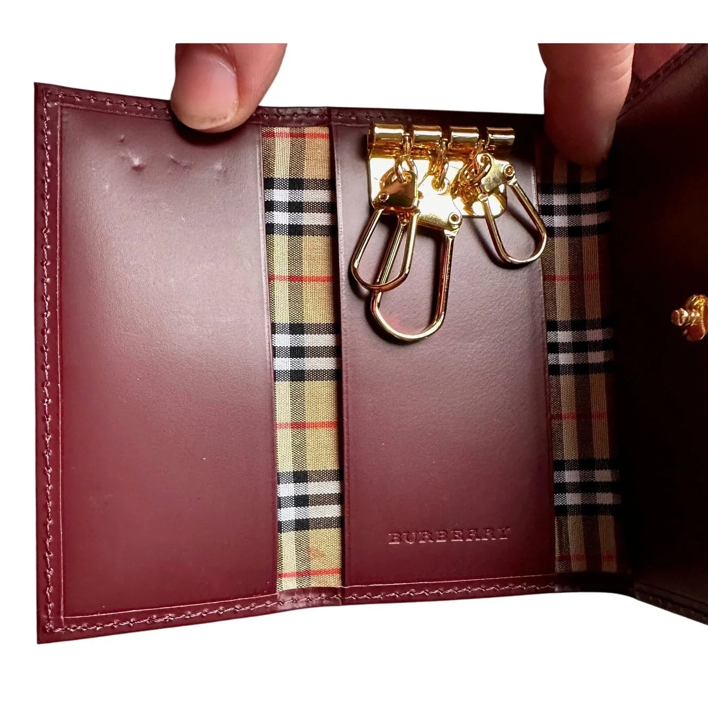 Burberry Burgundy Leather Key Holder with Nova Check Accents - Burberry - Keyholder - A+ Stuff