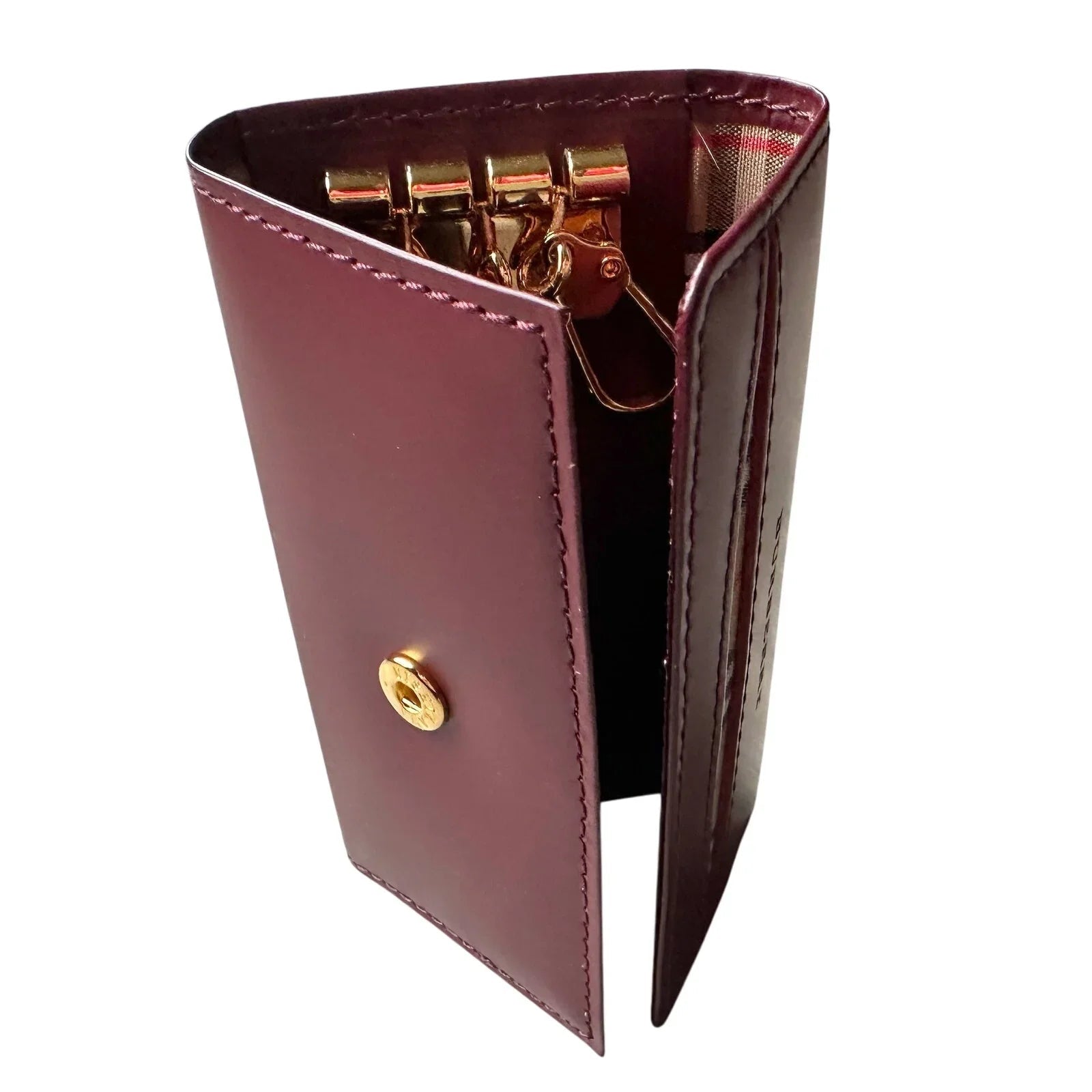 Burberry Burgundy Leather Key Holder with Nova Check Accents - Burberry - Keyholder - A+ Stuff