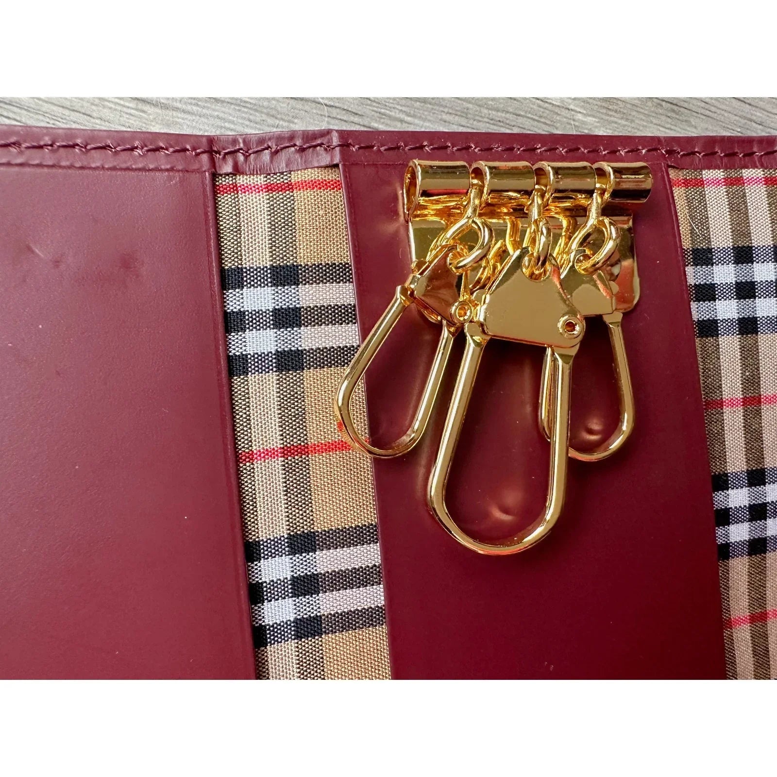 Burberry Burgundy Leather Key Holder with Nova Check Accents - Burberry - Keyholder - A+ Stuff