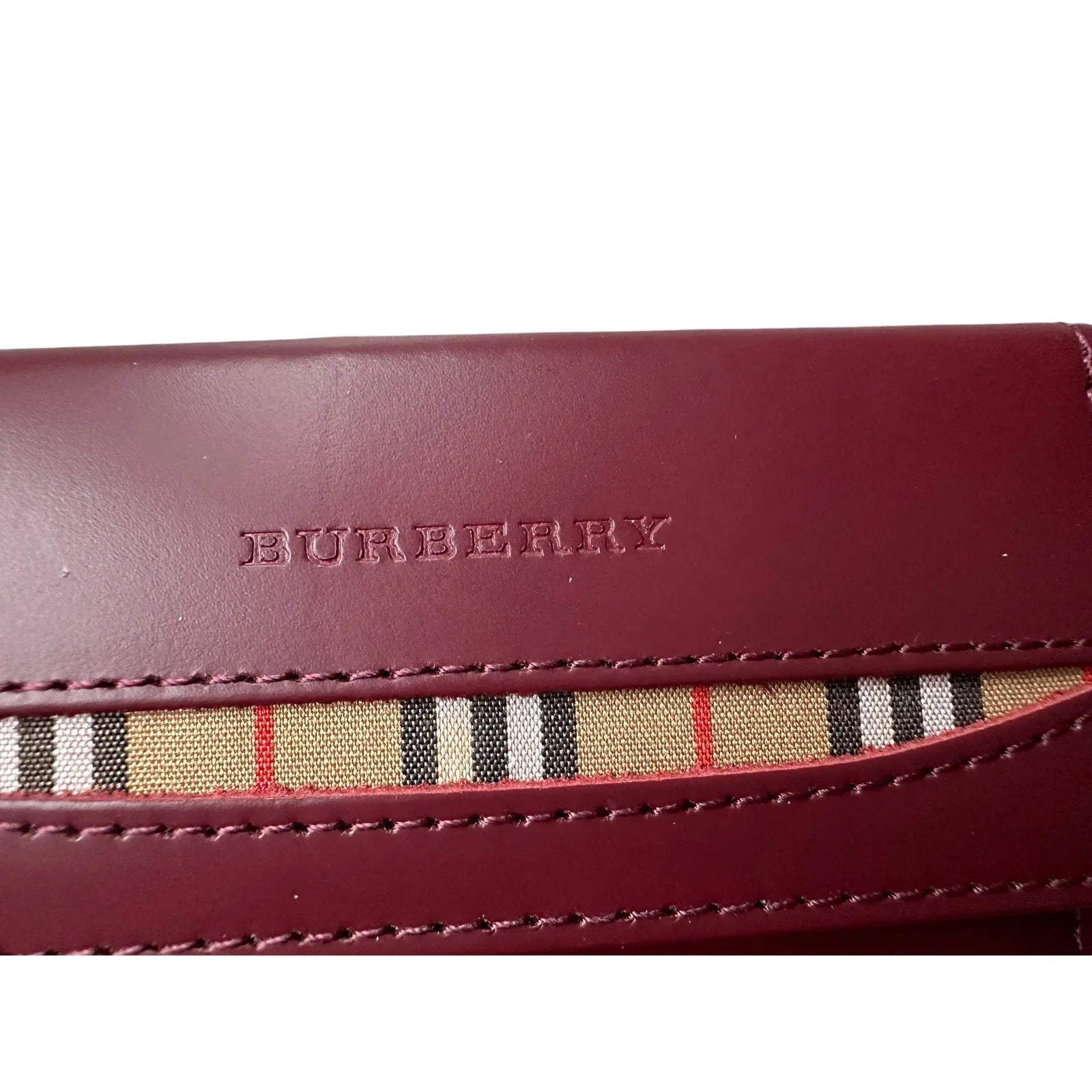 Burberry Burgundy Leather Key Holder with Nova Check Accents - Burberry - Keyholder - A+ Stuff