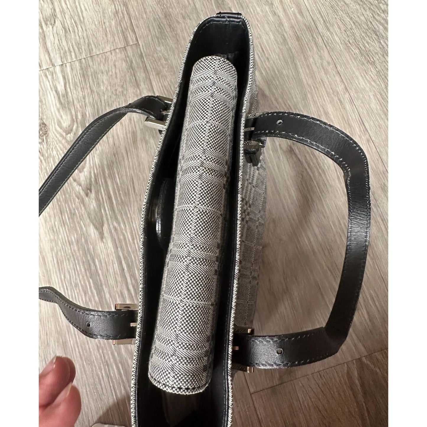 Burberry  Gray Nova Check Satchel/ Tote with Black Leather Buckled Handles - A+ Stuff