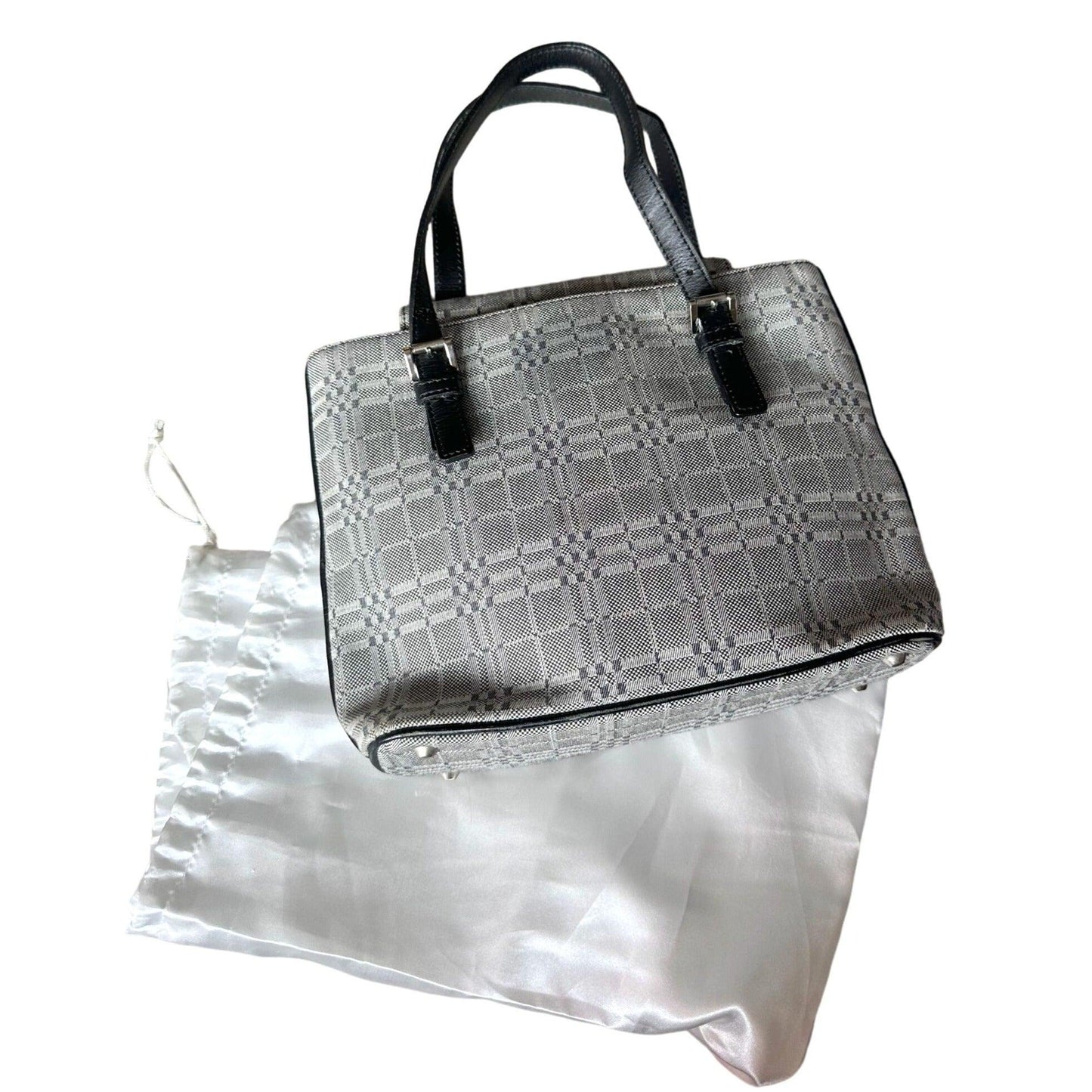 Burberry  Gray Nova Check Satchel/ Tote with Black Leather Buckled Handles - A+ Stuff