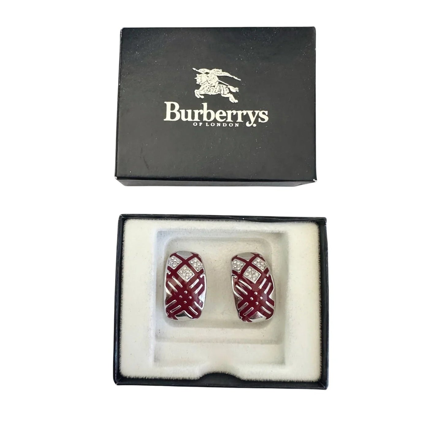 Burberry Silver and Maroon Nova Check Clip On Earrings - Burberry - Earrings - A+ Stuff