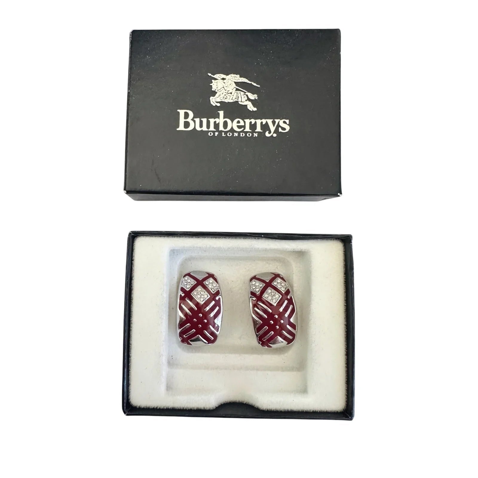Burberry Silver and Maroon Nova Check Clip On Earrings - Burberry - Earrings - A+ Stuff