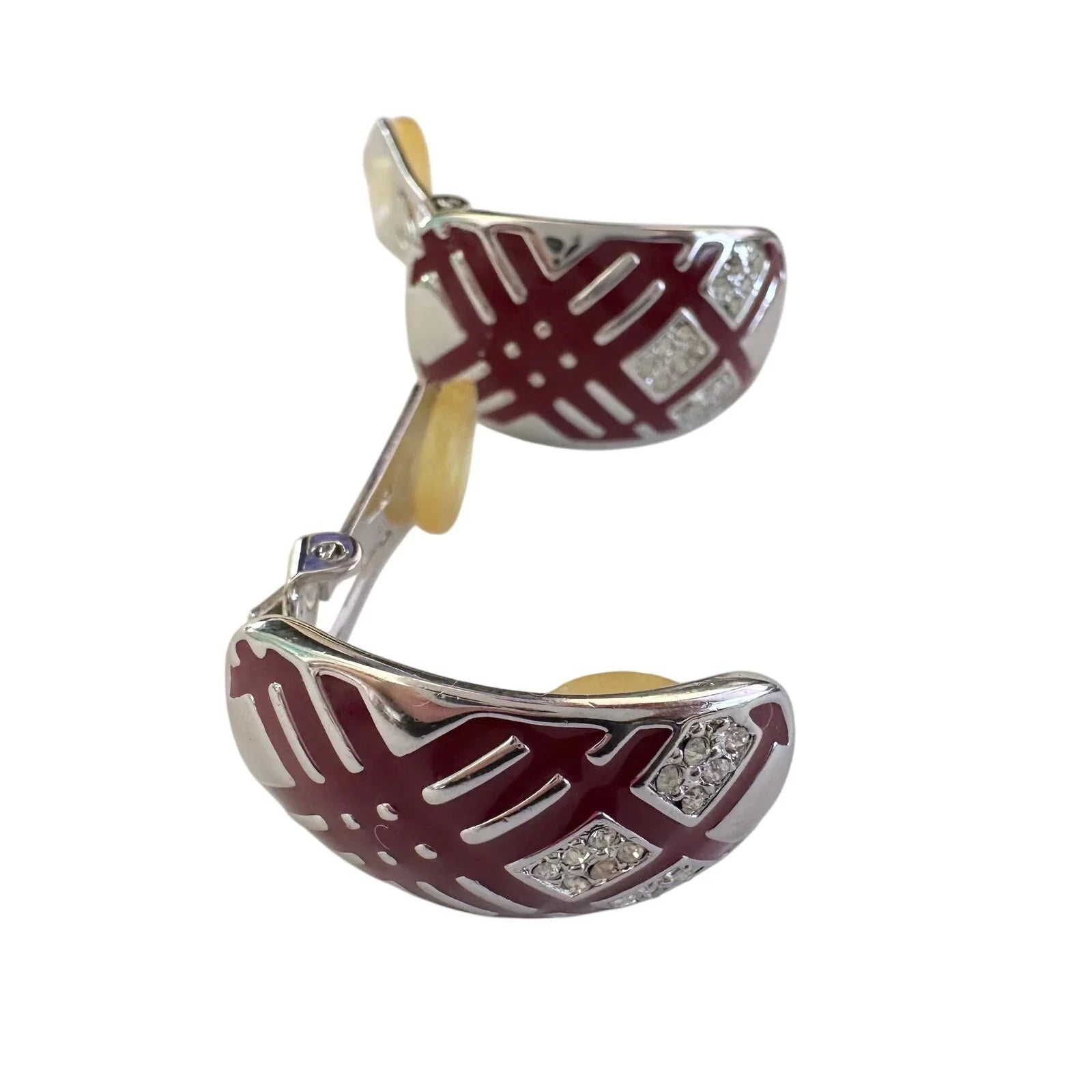 Burberry Silver and Maroon Nova Check Clip On Earrings - Burberry - Earrings - A+ Stuff