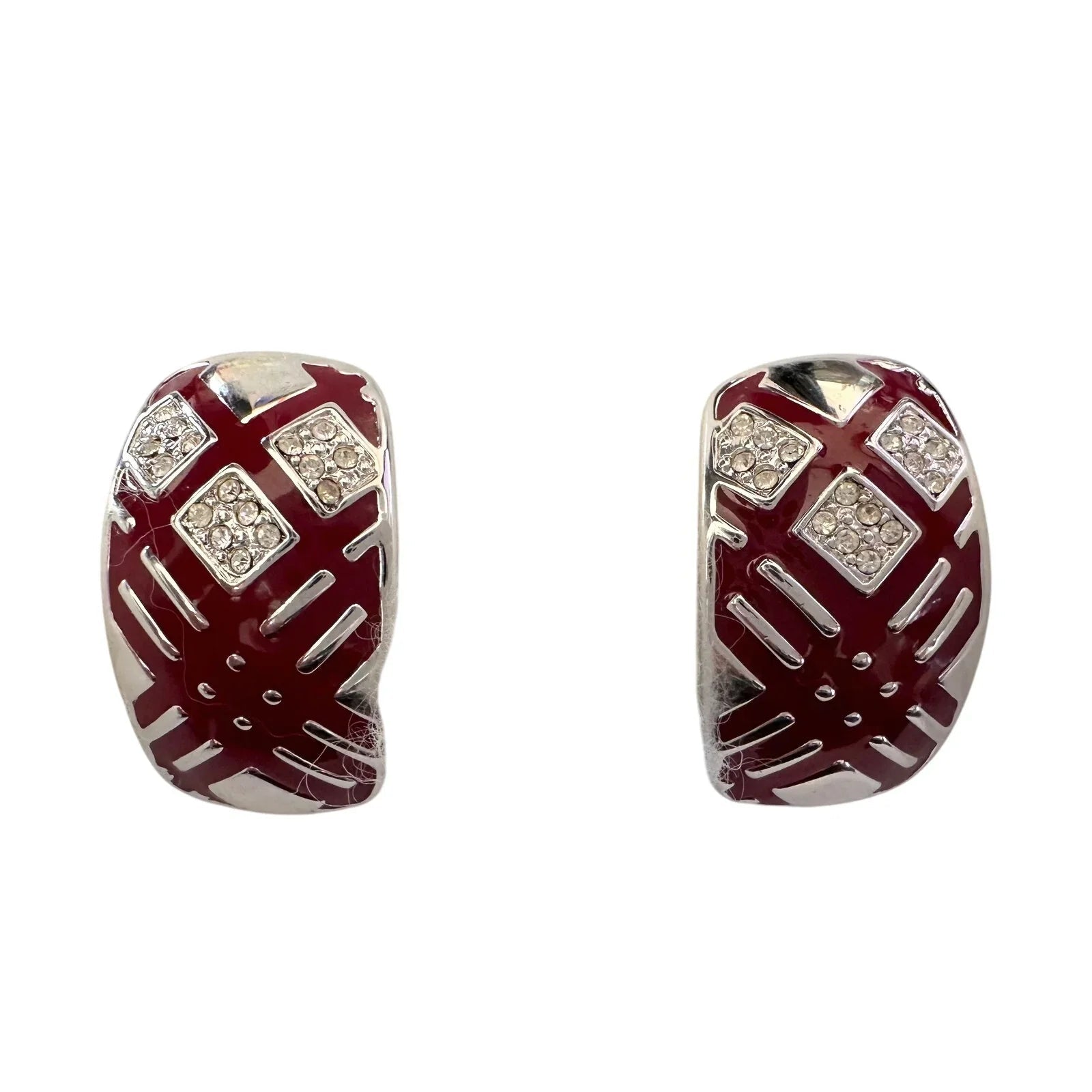 Burberry Silver and Maroon Nova Check Clip On Earrings - Burberry - Earrings - A+ Stuff