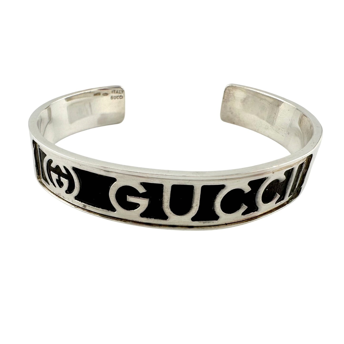 Gucci Black Leather GG Logo Sterling Silver Bangle Bracelet - Vintage!