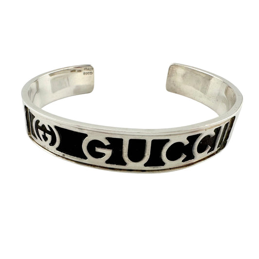 Gucci Black Leather GG Logo Sterling Silver Bangle Bracelet - Vintage!