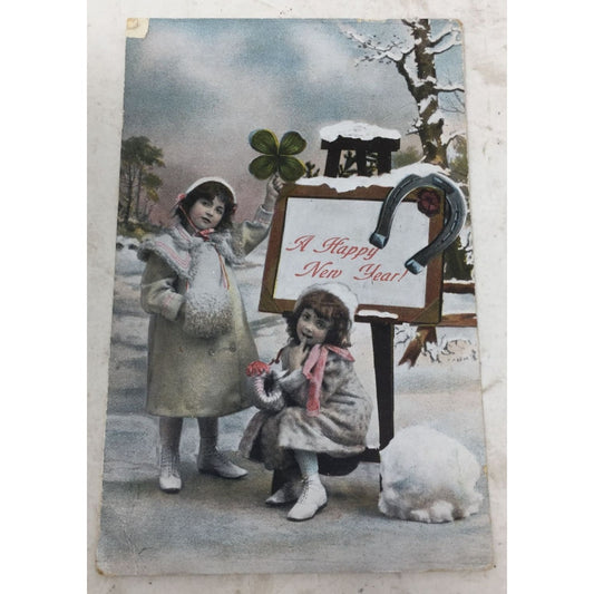 Vintage Collectible Postcard Two Girls Stand in the Snow Beside "A Happy New Year" Sign