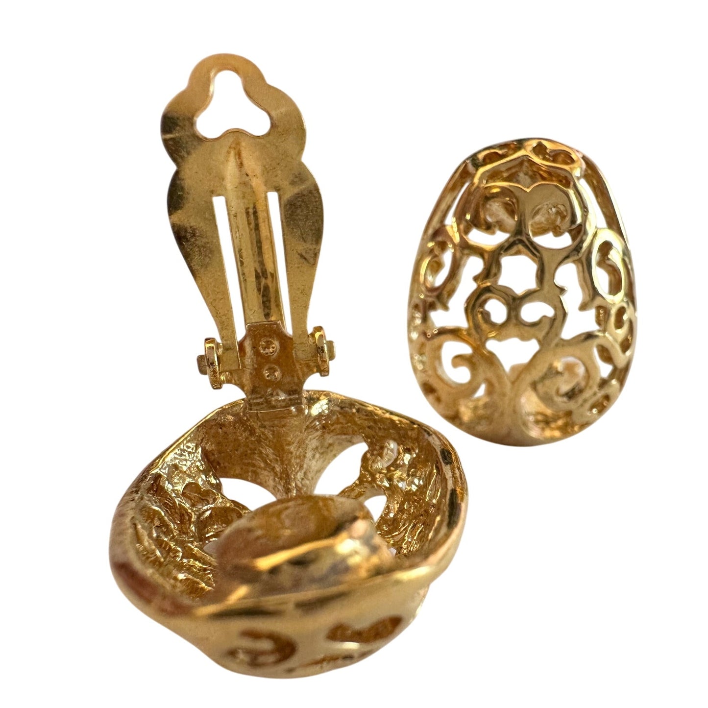 Yves Saint Laurent Logo Arabesque Pattern Gold Plate Engraved Earrings - Clip On