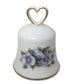 Vintage White and Gold Rimmed, Heart Handled Bell with Purple/ blue Flowers Printed Around it