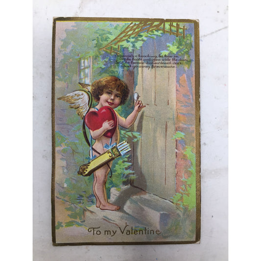 Vintage Collectible Postcard Valentines Day Cupid At Door Holding Heart