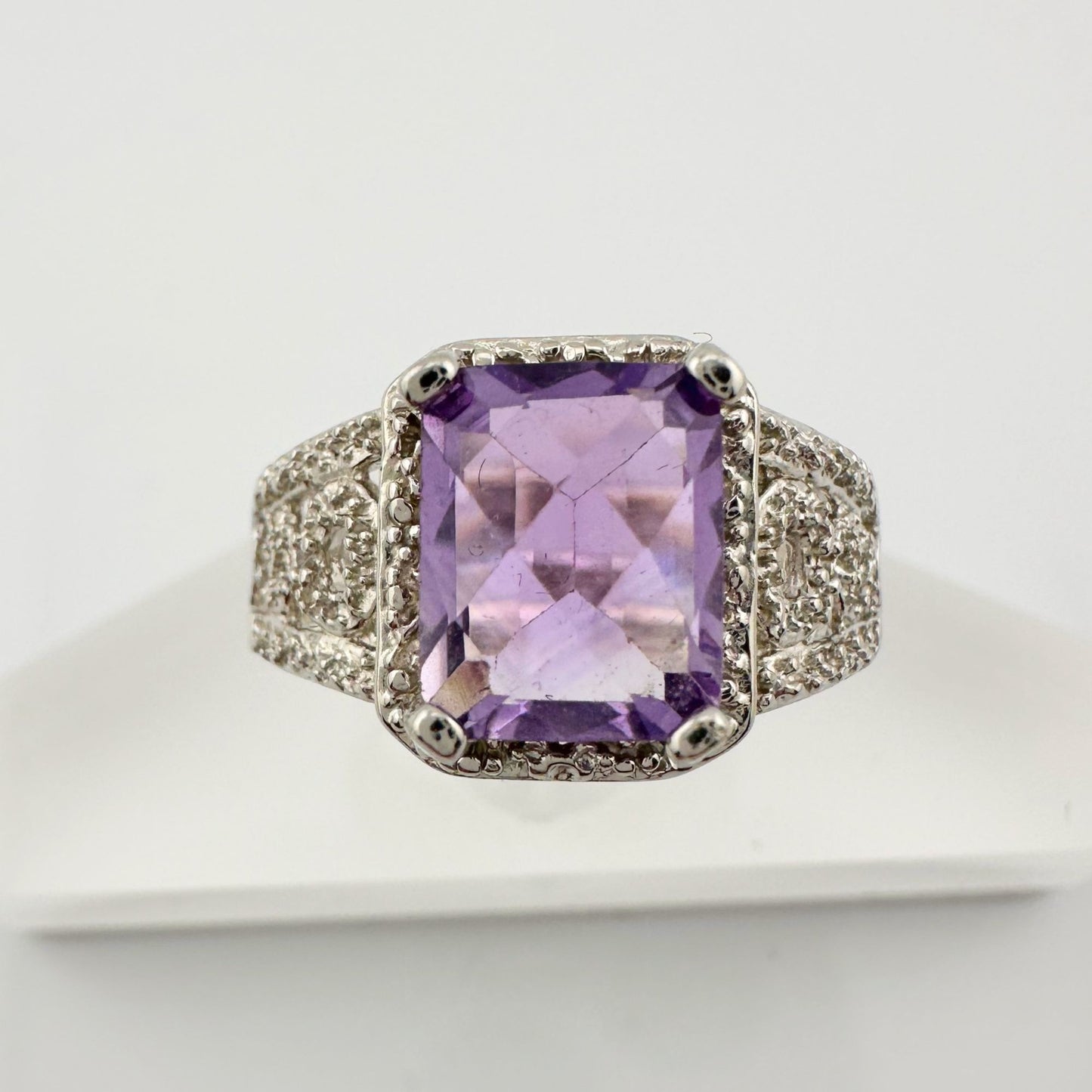 Beautiful Emerald Cut 2.25 Carat Amethyst Ring - Sterling w Diamond Accent Size 8